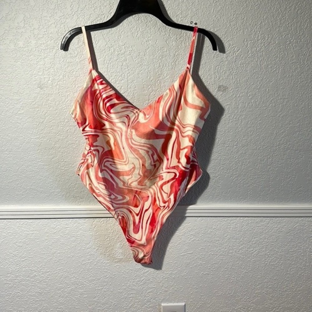 Boohoo orange marble print one piece bathing suit